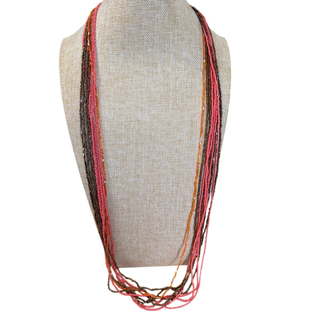 Multi Strand Seed Bead‎ Necklace Coral Pink Bronze Orange Boho Layered Long